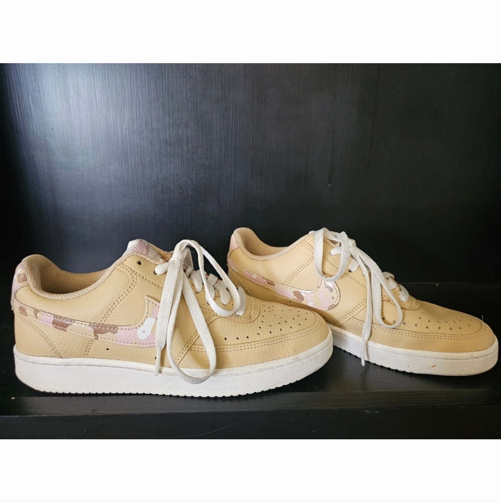 Women's Nike Court Vision Shoes, Khaki/Tan With Pink Camo Accents, Size 8